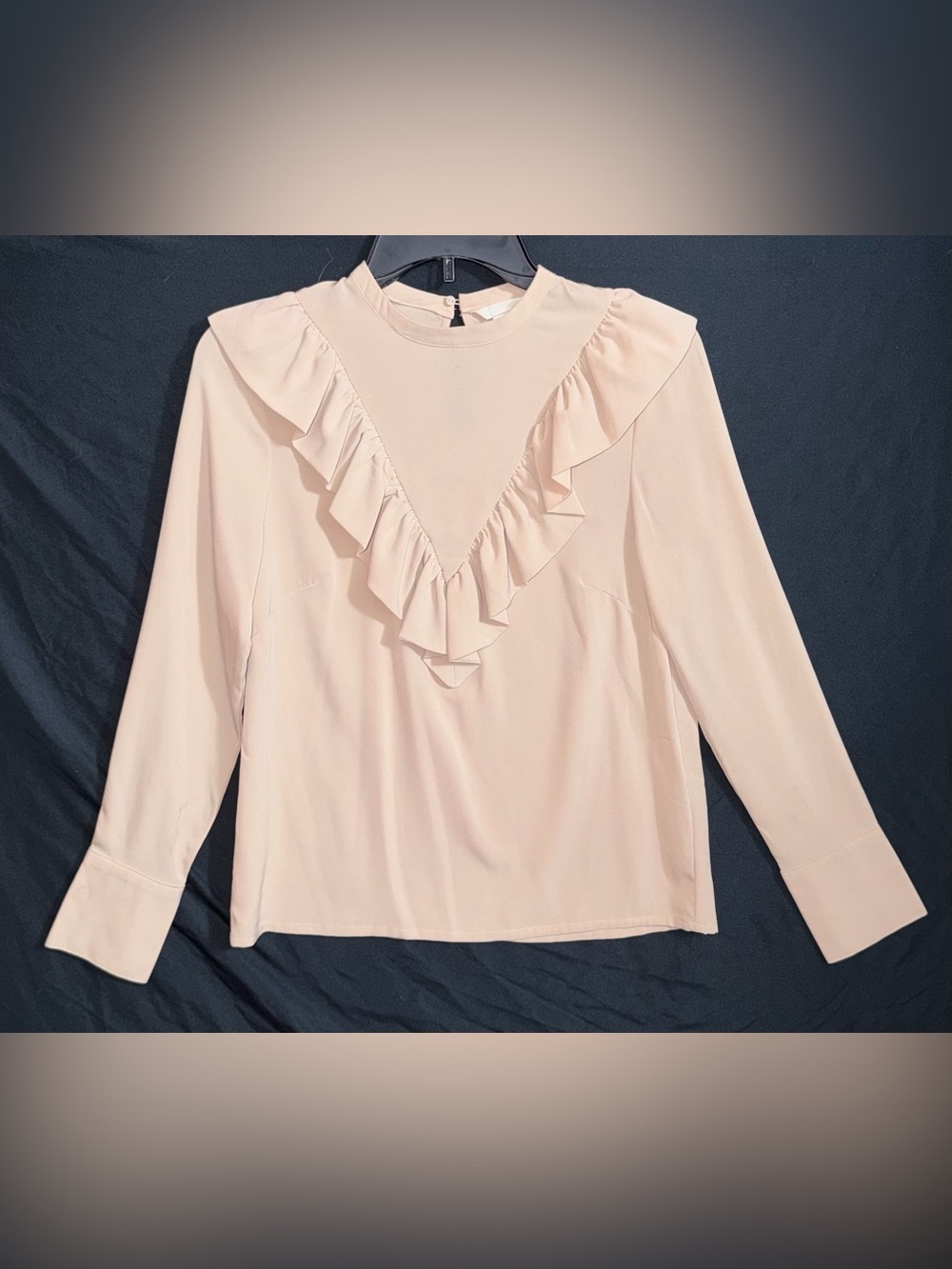 H&M Size 4 Beige Ruffle Front Modern Style Top Blouse Long Sleeve Women EUC